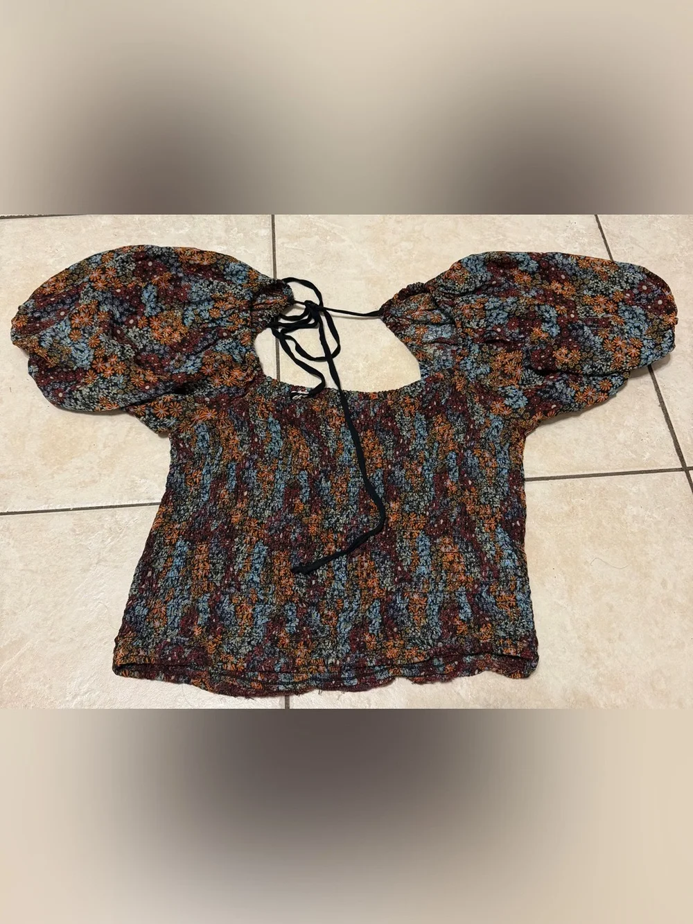 Free People Back On Top Smocked Puff Sleeve Cropped Blouse Black Floral Combo